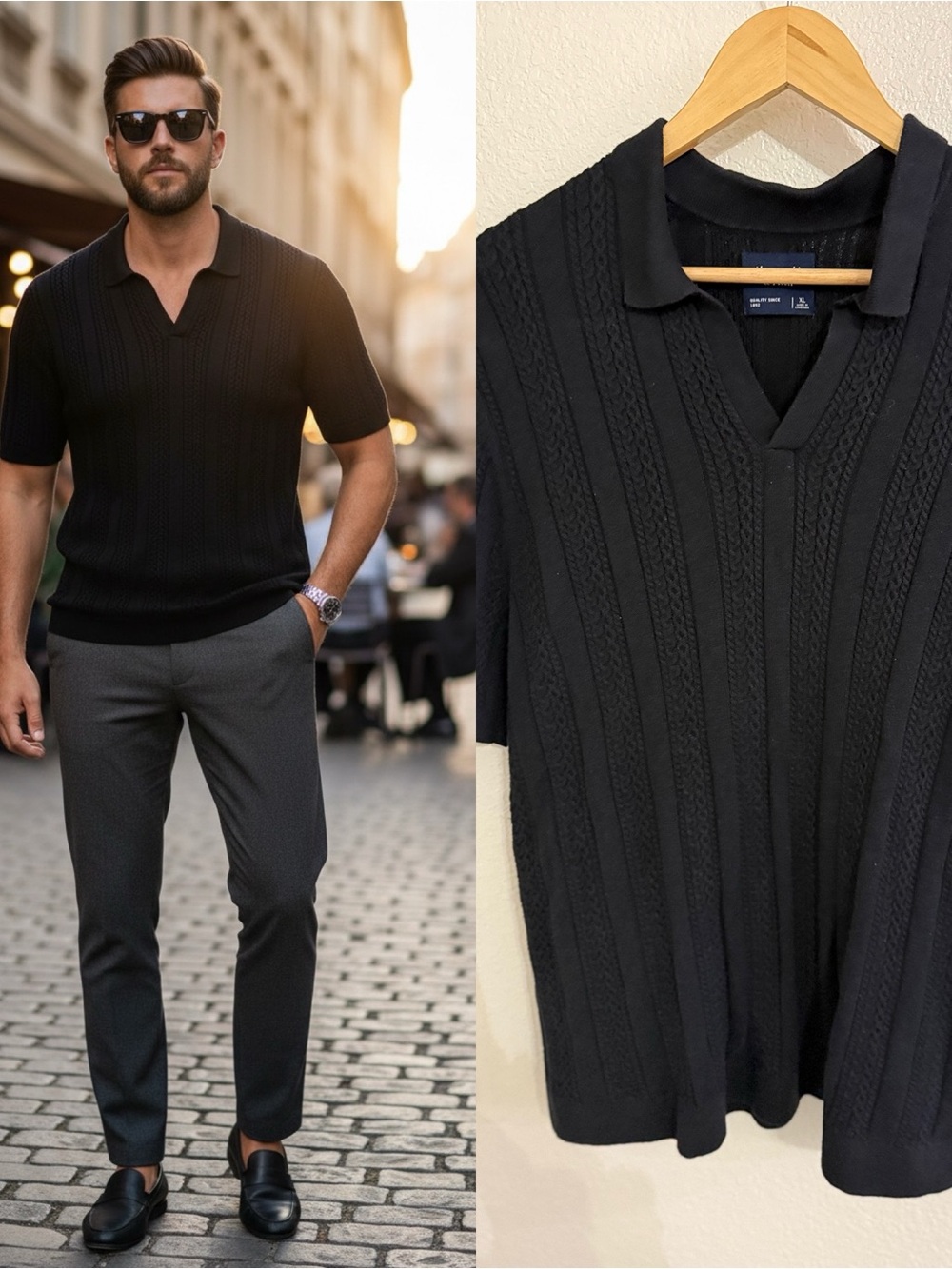 Abercrombie & Fitch Men’s XL Black Cable Knit Polo Sweater Shirt Quiet Luxury